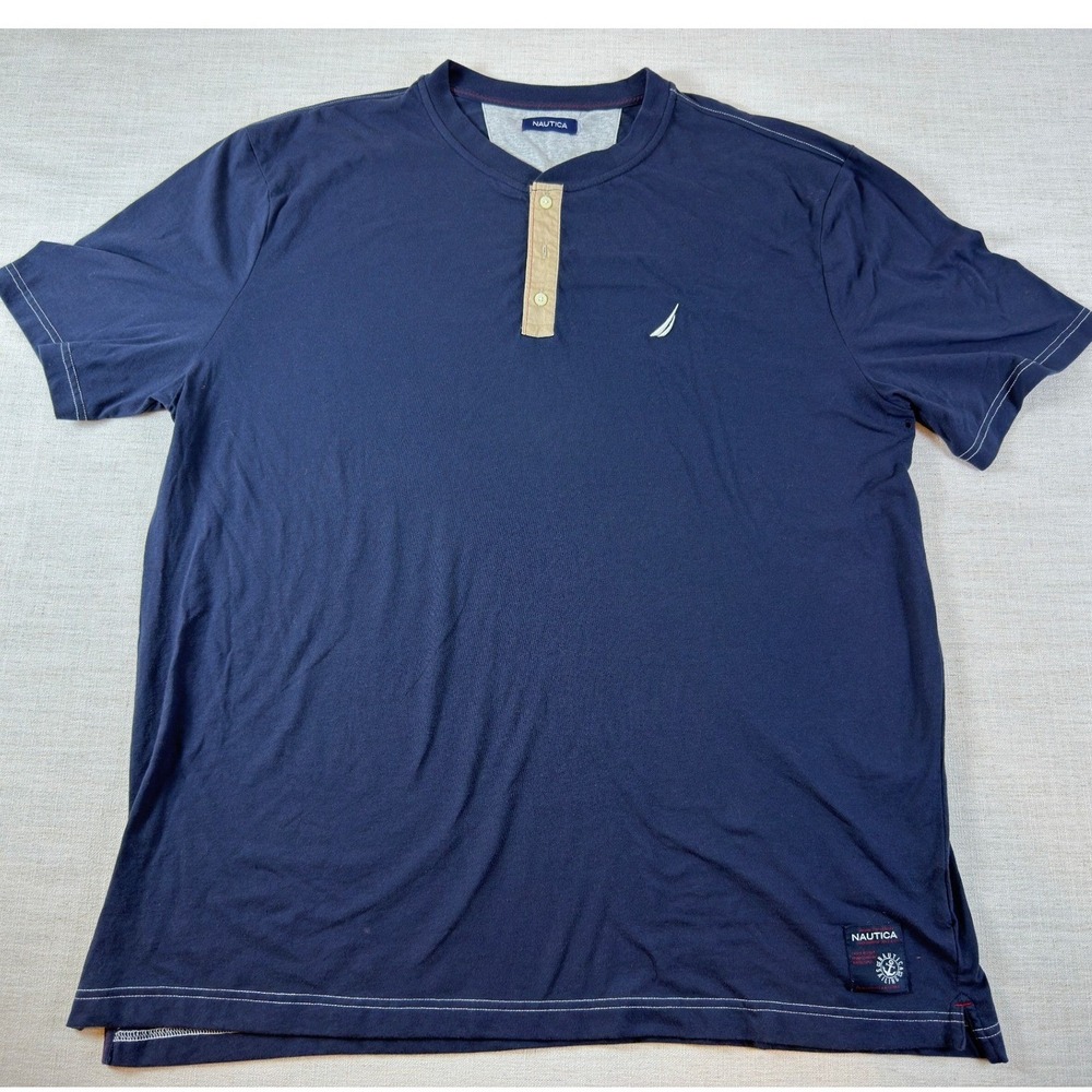 Nautica Henley Shirt Mens XL Navy Blue J Class Sail Logo Short Sleeve